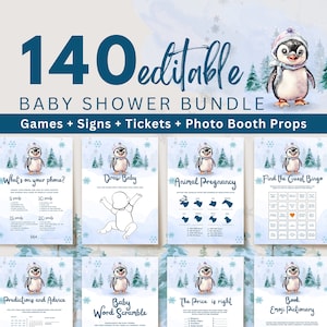 Editable Penguin Baby  Games Bundle, Arctic Baby Shower Games, Winter Woodland Baby Shower Template, Penguin Baby Shower Bingo, UK62X