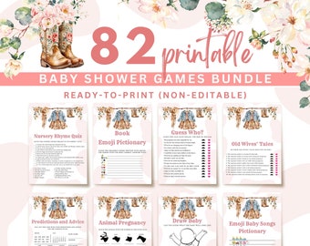 Lot de jeux pour baby shower Cowgirl : 82 jeux imprimables (PDF)