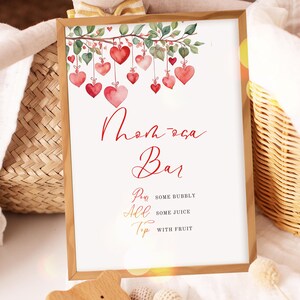 Insegna da bar Momosa con girasoli e decorazioni floreali per San Valentino, Baby Shower con cuori rosa su un ramo, Insegna da bar Mimosa per Baby Shower, Modello Canva, UK78X