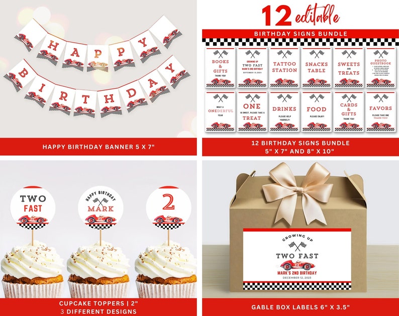 2nd Birthday Red Retro Race Car Bundle