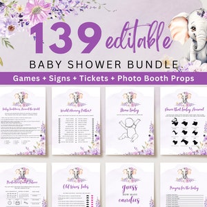 Elephant Baby Shower, Girl Elephant Shower Games Bundle, Purple Elephant Baby Shower Games Bundle, Floral Baby Shower Games Printable, UK49X