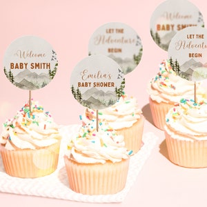 Let the Adventure Begin Mountain Baby Shower Cupcake Toppers, Woodland Baby Shower Cupcake Picks, Baby Shower Template, UK32X