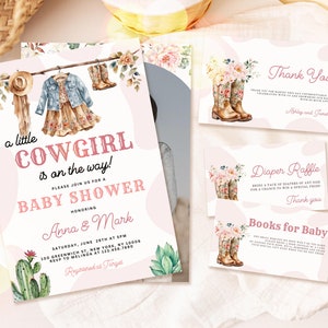 Conjunto de convites para chá de bebê estilo cowgirl, convite para cowgirl, convite para chá de bebê estilo western com foto, decoração western, modelo Canva, UK14X