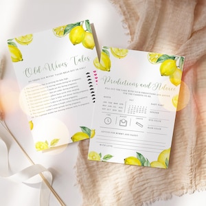 May include: Two printable baby shower game cards with a lemon theme. The first card has a list of old wives' tales about pregnancy. The second card is a prediction and advice card for the parents-to-be.