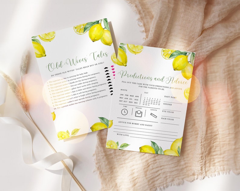 May include: Two printable baby shower game cards with a lemon theme. The first card has a list of old wives' tales about pregnancy. The second card is a prediction and advice card for the parents-to-be.