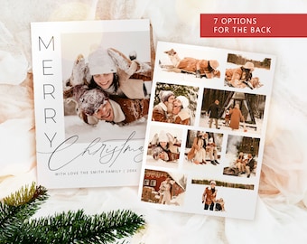 May include: Christmas card with a winter photo of a couple in the snow. The card reads "MERRY CHRISTMAS" in a vertical sans-serif font and a cursive font. The back of the card shows seven photo options.