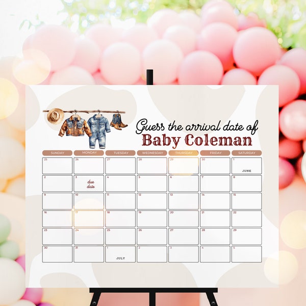 Editable Guess Baby's due Date Cowboy Baby Shower, Western Baby Shower Games, Rodeo Baby Shower Games Template, Canva Template, UK28X