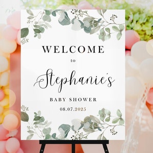 Bearbeitbares Eukalyptus-Babyparty-Willkommensschild, Baby in Bloom-Babyparty-Willkommensplakat, Eukalyptus Eukalyptus-Willkommensplakat, UK5BXS