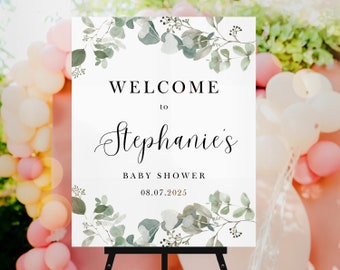 Editable Eucalyptus Baby Shower  Welcome Sign, Greenery Eucalyptus Baby Shower Welcome Poster,  Printable Baby Shower Template, UK5BX