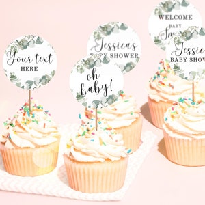 Editable Eucalyptus Cupcake Toppers Baby Shower, Baby in Bloom Baby Shower Cupcake Picks, Toppers Baby Shower Template, UK5BX