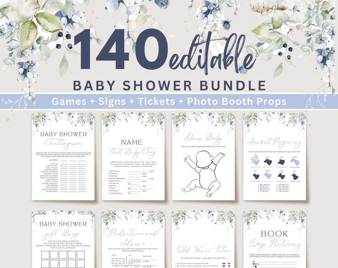 Dusty Blue Wildflower Baby Shower Games Bundle (canva Template) - Etsy