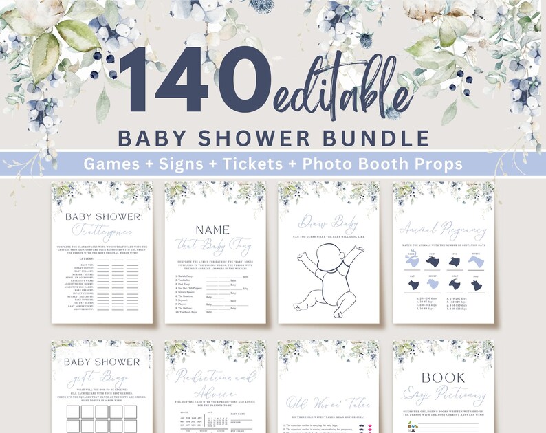 Dusty Blue Wildflower Baby Shower Games Bundle (canva Template) - Etsy