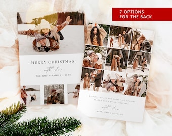 May include: Christmas photo cards with a winter theme. The front features a photo of a couple in the snow with the text "Merry Christmas with love". The back has seven photo options and the text "Wishing you joy and cheer this holiday season and a bright new year".