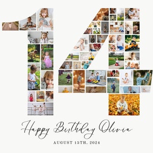 Collage de números de cumpleaños editable, póster de collage de fotos de cumpleaños número 14, plantilla de fotografía, collage de fotos de cumpleaños de 14 años, UK25C