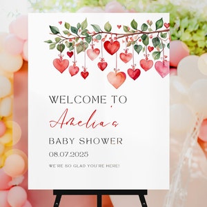 Editable Valentines Baby Shower Welcome Sign, Pink Hearts on a Branch Baby Shower Welcome Poster, Red Hearts Baby Shower Welcome Sign, UK78X