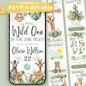 May include: A digital baby shower invitation displayed on a smartphone screen featuring jungle animals, green foliage, and the text A little Wild One IS ON THE WAY! Olivia Willson July 22 at 6 pm. Beside it are vertical panels with baby registry details.