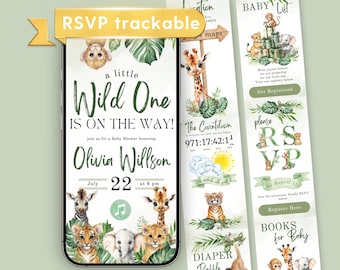 May include: A digital baby shower invitation displayed on a smartphone screen featuring jungle animals, green foliage, and the text A little Wild One IS ON THE WAY! Olivia Willson July 22 at 6 pm. Beside it are vertical panels with baby registry details.