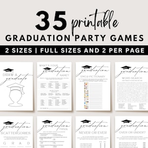 May include: A set of 35 printable graduation party games in two sizes. The games include "Draw a Graduate", "What's Your Graduation Name?", "Emoji Pictionary", "Word Search", "Scattergories", "Trivia", "Never or Ever", and "Over or Under?"