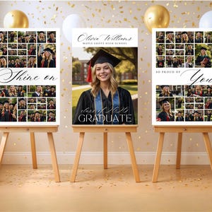 May include: Three graduation photo displays on wooden easels. The center display features a graduate in a cap and gown with the text "Olivia Williams, Maple Grove High School, Class of 2020 Graduate." The other displays have collages of photos and text.