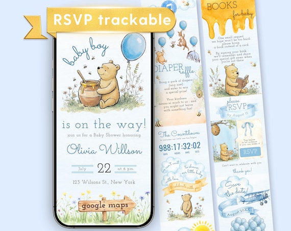 Winnie the Pooh Baby Shower Website Invitation with RSVP, Baby Shower Webside Digital Invitation for Boy, Classic Pooh Mobile Evite, Canva