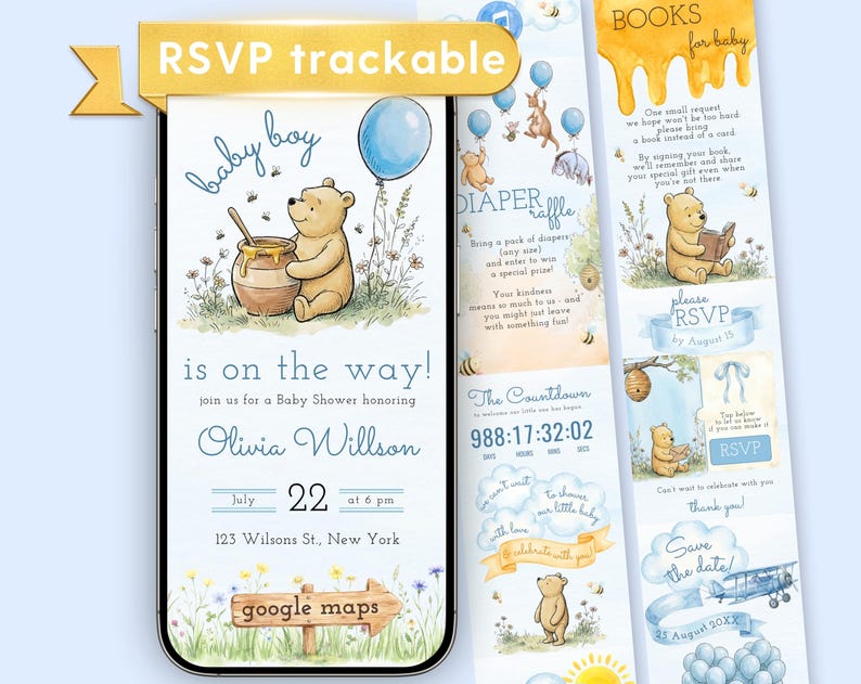 Winnie the Pooh Baby Shower Website Invitation with RSVP, Baby Shower Webside Digital Invitation for Boy, Classic Pooh Mobile Evite, Canva image 1