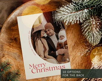 May include: A Christmas card with a family photo inside a cream-colored semi-circle. The words "Merry Christmas" are in red script, with "WITH LOVE THE SMITH FAMILY 2024" in a vertical line. The bottom right corner reads "10 OPTIONS FOR THE BACK".