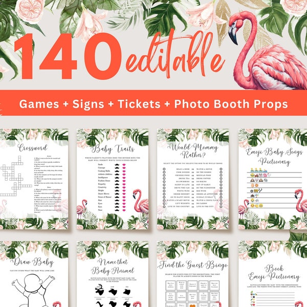 Editable Flamingo Baby Shower Games Bundle, Printable Tropical Flamingo Baby Shower Games, Flamingo Baby Shower Games, Flamingo Games, UK29X