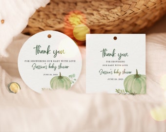 Editable Baby Shower Favor Tags Pumpkin Baby Shower, Fall Pumpkin Baby Shower Round or Square Favor Tags, Fall Baby Shower Favors, UK56X