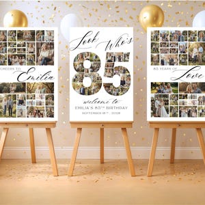 Könnte beinhalten: Drei weiße Fotodisplaytafeln auf hölzernen Staffeleien. Jede Tafel zeigt eine Collage aus Fotos und Text. Der Text enthält "Cheers to Emilia", "Look Who's 85" und "85 Years of Love". Goldene und weiße Luftballons und Konfetti befinden sich im Hintergrund.