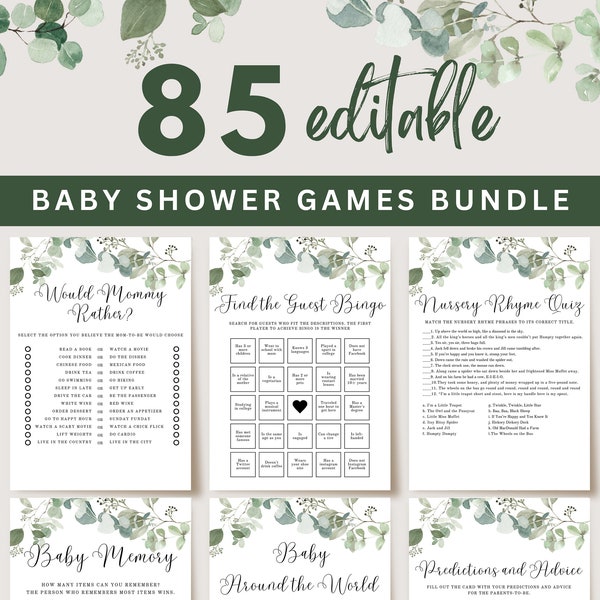 Eucalyptus Baby Shower Games Bundle, Baby Shower Games Printable, Greenery Baby Shower Games, Boho Baby Shower Games, Editable Games, UK5BX