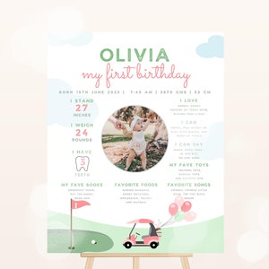 編集可能なホールインワンバースデーベビーマイルストーンボード、ゴルフ1歳の誕生日マイルストーンサイン、女の子1歳の誕生日フォトボード、女の子の誕生日、UK8BR