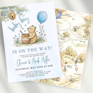 May include: Baby shower invitation with a Winnie the Pooh illustration, honey pot, and blue balloon. The text reads "Baby Boy Is On The Way!" and includes event details. A map of the Hundred Acre Wood is also shown.