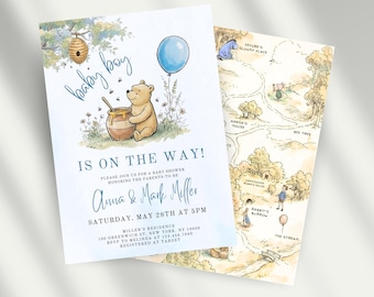Winnie the Pooh Baby Shower Invitation Boy | Classic Pooh Invite | Editable Canva Template | Instant Download