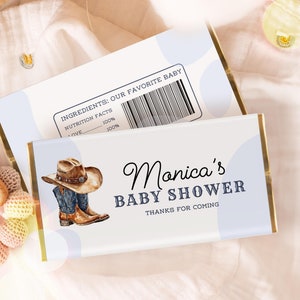 Involucri di cioccolato Baby Shower da cowboy, involucri di cioccolato per baby shower western, involucri di caramelle per baby shower da cowboy, modello Canva, UK27X