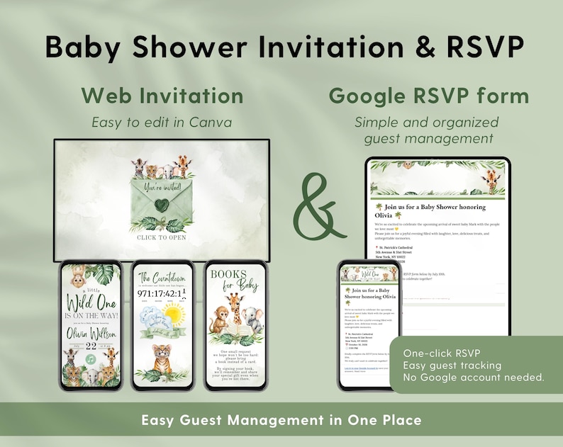 Wild One Safari Digital Invitation Website with RSVP and animated Canva design