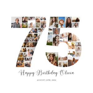 75th Birthday Photo Collage Sign: 48 Photo Template (Digital Download, 24x36 Horizontal, Canva Editable)