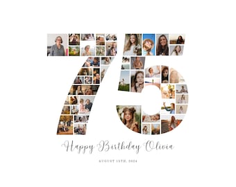 75th Birthday Photo Collage Sign: 48 Photo Template (Digital Download, 24x36 Horizontal, Canva Editable)