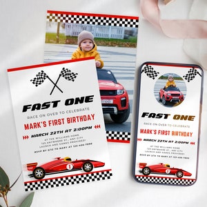 Invito per il primo compleanno di un'auto da corsa - Invito di compleanno Fast One per ragazzo, invito per il primo compleanno di un'auto da corsa per il primo compleanno di un ragazzo, UK9BR