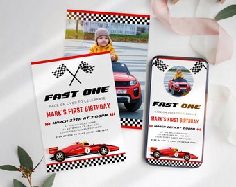 Race Car First Birthday Invitation – Fast One Birthday Invite for Boy, 1st Birthday Race Car Invitation for First Birthday Boy, UK9BR
