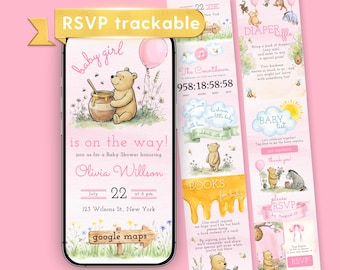 Editable Winnie the Pooh Baby Shower Website Invitation for Girl with RSVP, Editable Canva Template