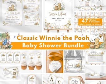 Vintage Winnie-The-Pooh & Friends Baby Shower Bundle, Printable Templates Games, Signs, Invitations and Party Decor