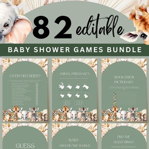 Bearbeitbare Safari-Duschspiele, Safaritiere-Babypartyspiele-Bundle, Elefant-Babypartyspiele-Set, Dschungel-Babypartyspiele-Kit, UK45X