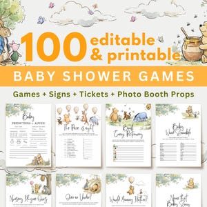 May include: A collection of 100 editable and printable baby shower games. The image features illustrations of Winnie the Pooh characters and other baby-themed graphics. The games include predictions, advice, and photo booth props.