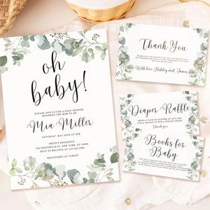 Eucalyptus Baby Shower Invitation Bundle, Greenery Eucalyptus Baby Shower Invitations Set, Greenery Gender Neutral Baby Shower, UK5BX