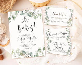 Paquete de invitaciones para baby shower de eucalipto, set de invitaciones para baby shower de eucalipto con vegetación, baby shower neutro con vegetación, UK5BX