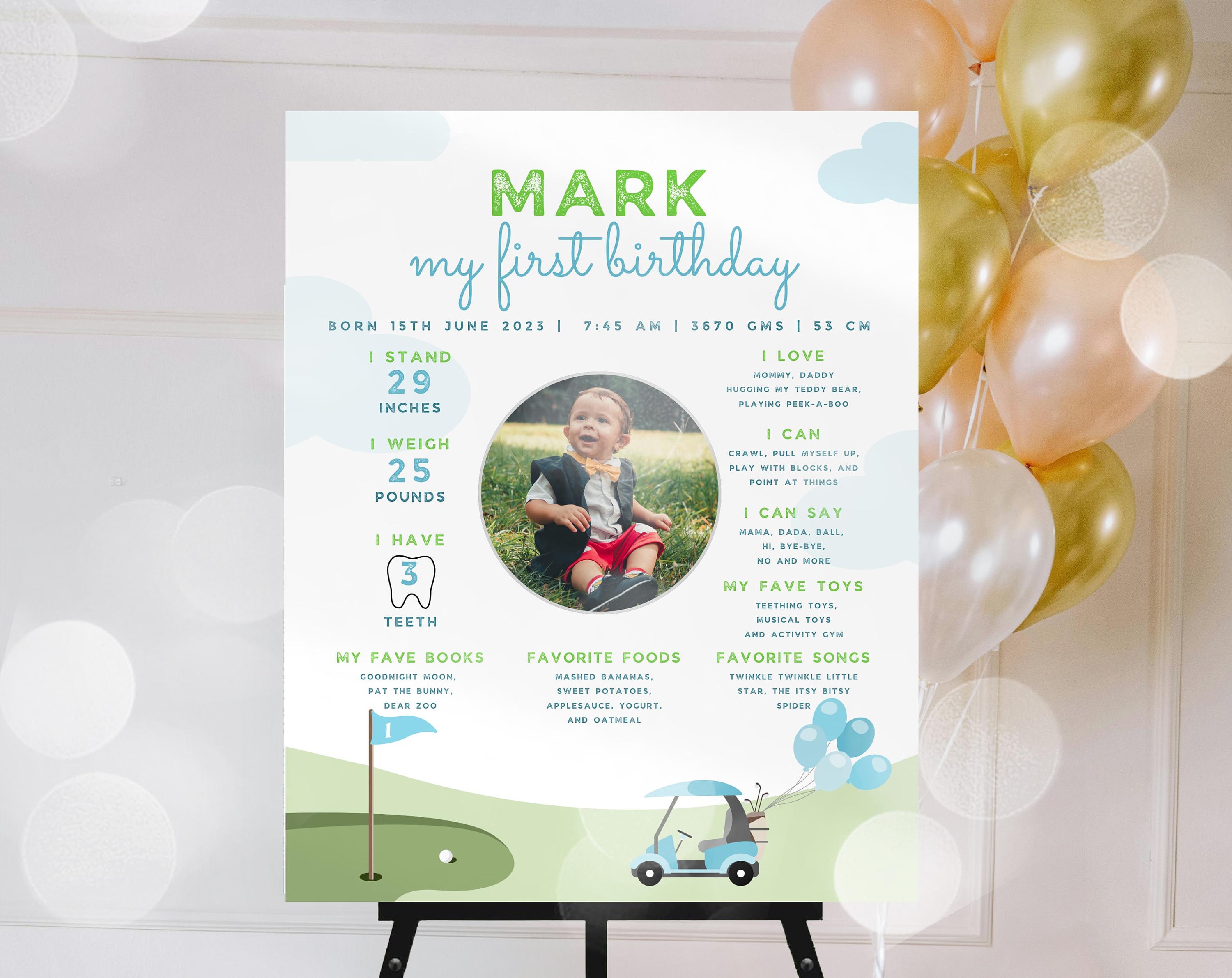 編集可能なホールインワン1歳の誕生日ポスター - ゴルフテーマのマイル