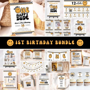 One Happy Dude 1st Birthday Bundle, Editable One Happy Dude Sign, birthday decorations, Groovy One Birthday Kit, UK13R
