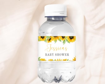 May include: Water bottle label with a sunflower design and the text "Jessica's Baby Shower".