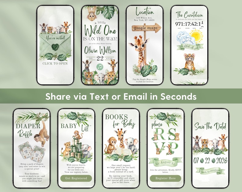 Editable Safari Baby Shower Invitation Website with RSVP in Canva featuring cute animations