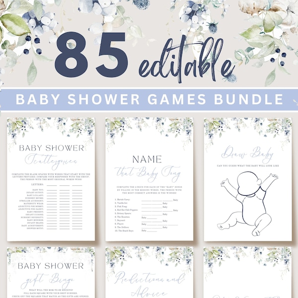 Dusty Blue Baby Shower Games Bundle, Baby in Bloom Baby Shower Template, Baby Shower Games, Baby Shower Bingo, Canva Template, UK6BX